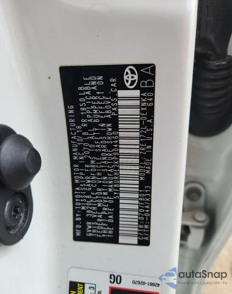 2019 Toyota Corolla L z USA, uszkodzony, nr VIN 5YFBURHE2KP904460